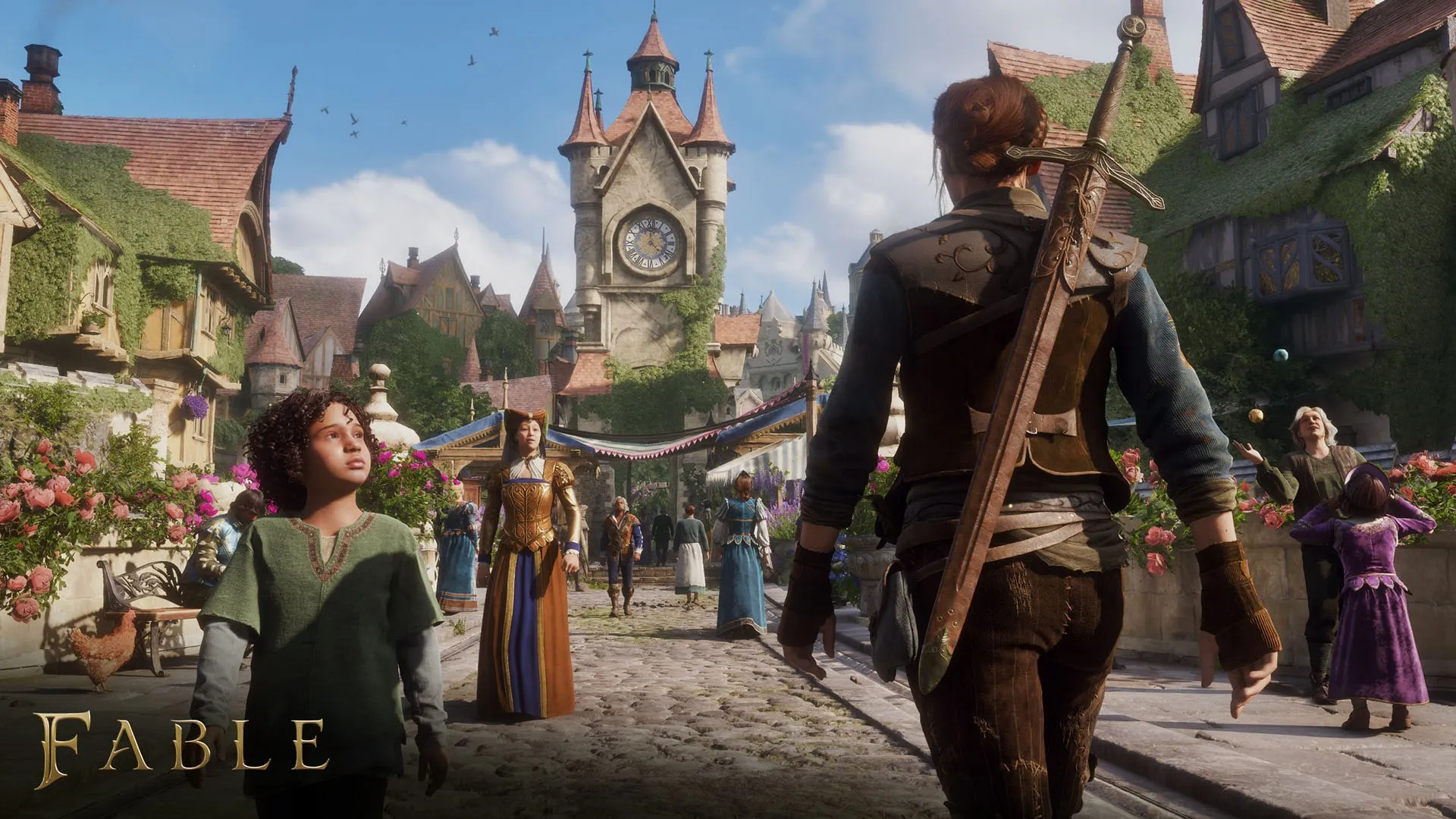 The hero walking through a busy town towards a clock tower, with a sword on their back, in a screenshot from Fable