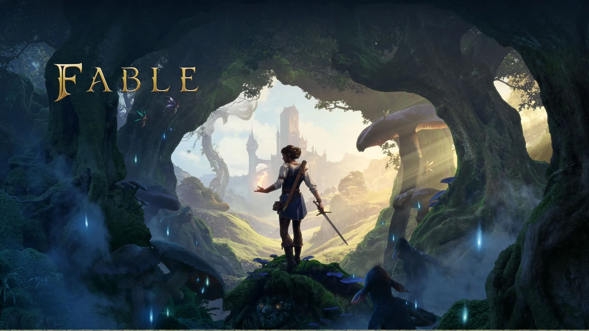 A hero looking out from under a huge mossy tree at a distant castle in the official art for Fable
