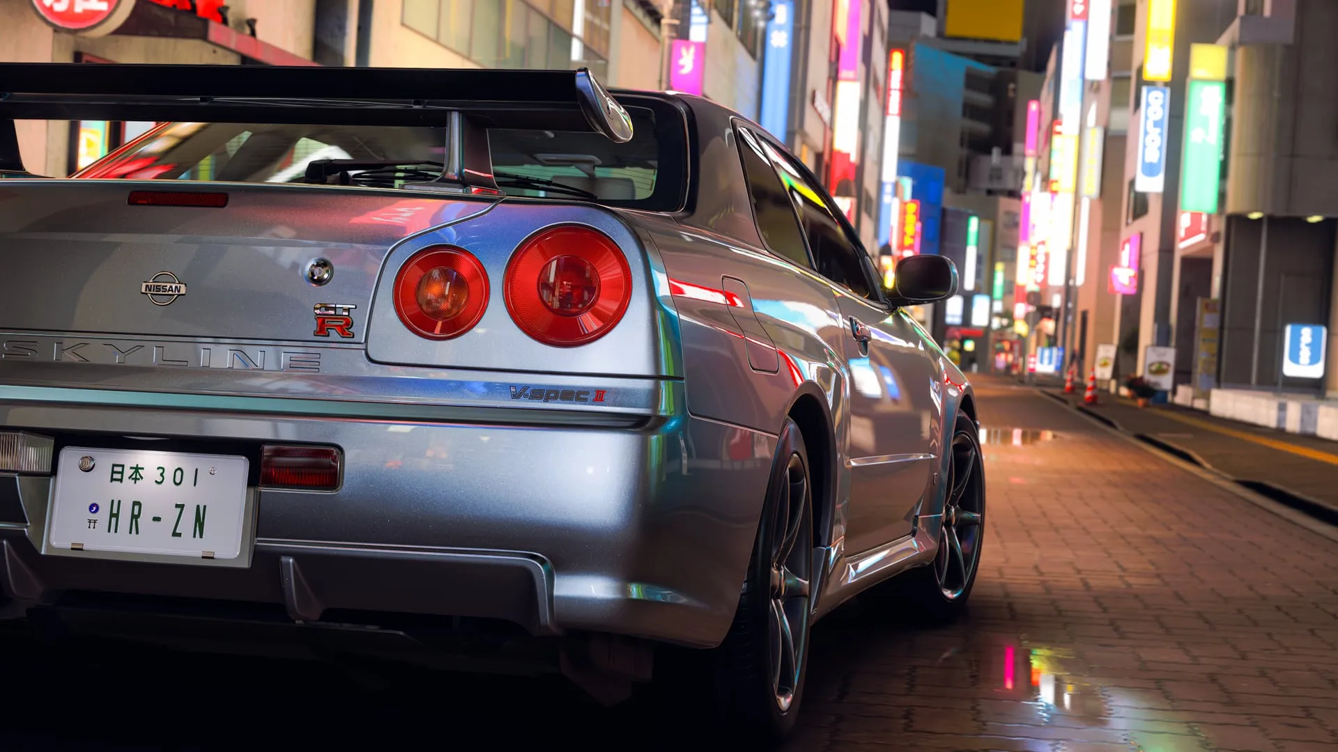 A silver Nissan Skyline parked on a neon-lit Tokyo street in Forza Horizon 6